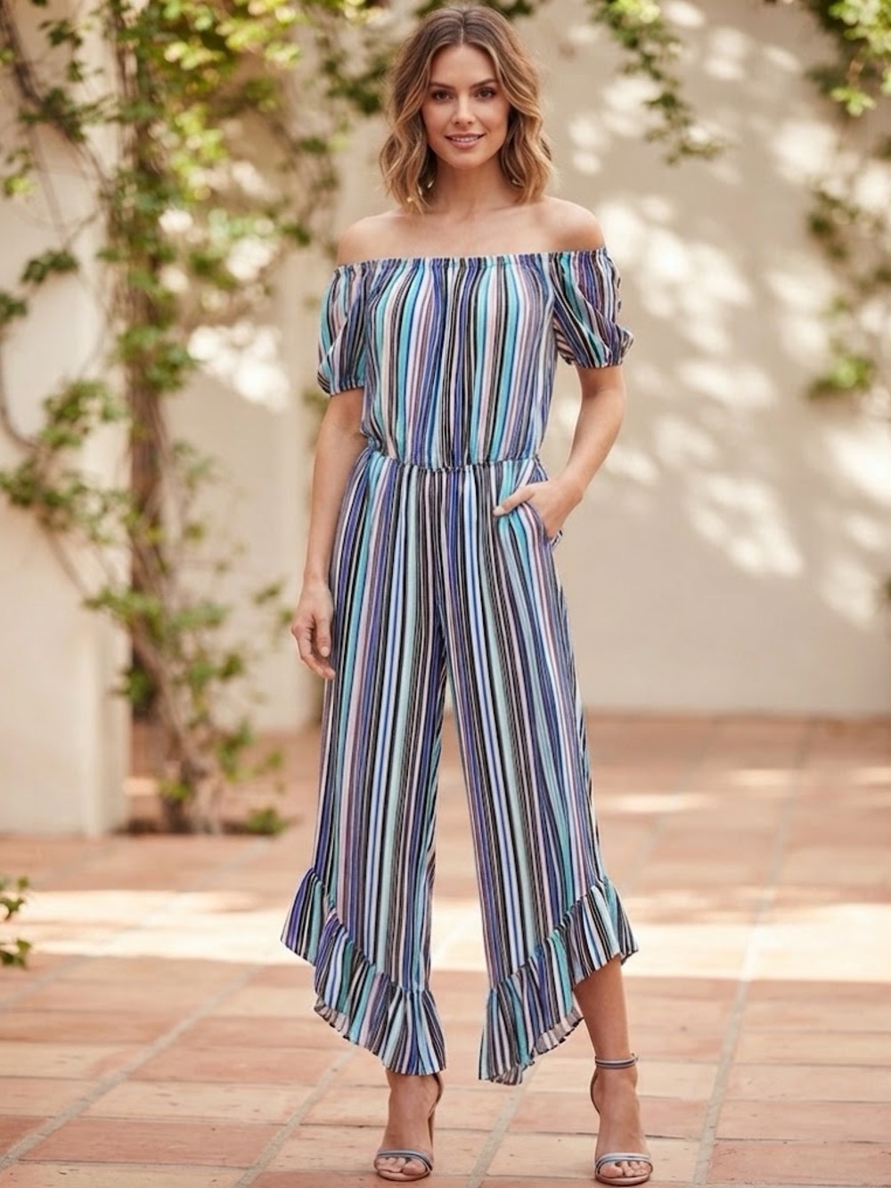 NWT Striped Women's off the shoulder Jumpsuit with Ruffle Bottom and puff sleeve